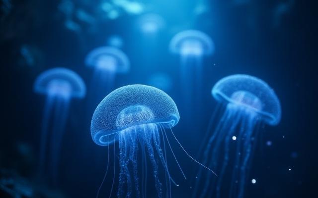 Detailreiches 3D-Modell eines leuchtenden Quallen-Schwarms in einer dunklen Unterwasserhöhle, umgeben von schwebenden Partikeln.