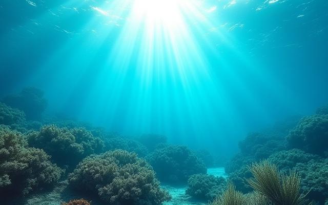 Realistische Darstellung von Sonnenlicht, das durch die Wasseroberfläche bricht und Kaustiken auf einem Korallenriff in klarem, blauen Wasser erzeugt.